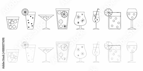 Line art illustrations of various cocktail glasses and drinks displayed neatly