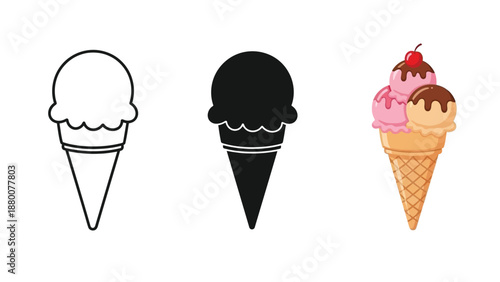 Set of three ice cream cone icons outline, silhouette and colorful illustration with cherry and chocolate topping
