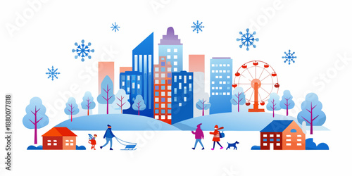 Winter cityscape with people enjoying snowy activities and festive landmarks