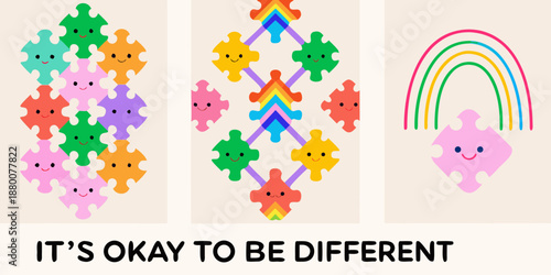 Colorful puzzle pieces form shapes representing diversity and acceptance