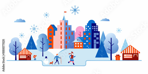 Winter cityscape with people enjoying snowy activities and festive buildings