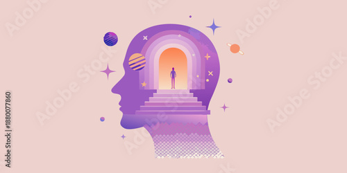 A silhouette of a head containing a glowing doorway and cosmic elements