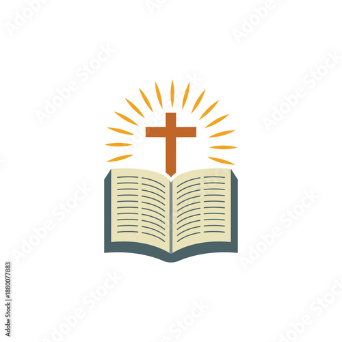 Open Holy Bible with Glowing Cross and Rays of Light Illustration, Symbol of Christian Religious Worship Faith.