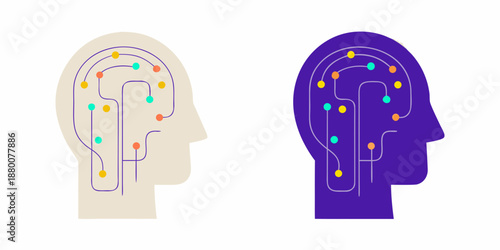 Human brain silhouettes with internal connections visualized in contrasting color schemes