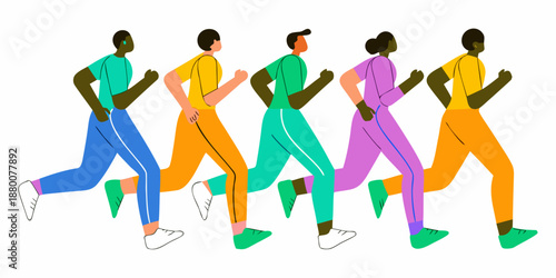 Diverse group of people running together illustrated with vibrant colors and dynamic poses