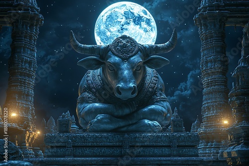 Divine shiva nandi bull in mystical night scene high resolution picture