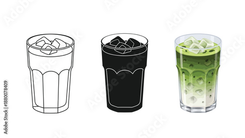 Set of three iced matcha latte illustrations outline, silhouette and full color vector graphic