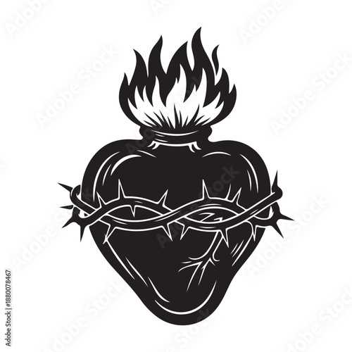Stylized Flaming Heart with Thorns Illustration