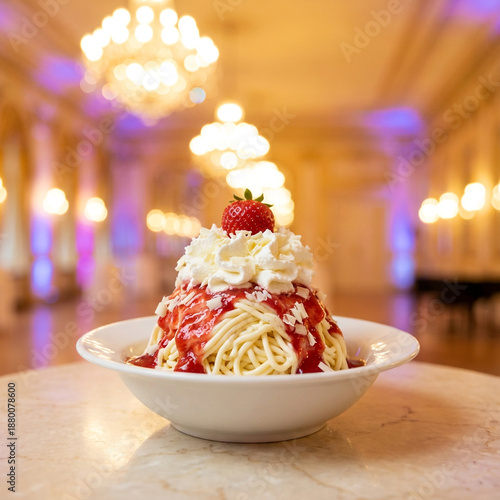 Spaghetti ice cream with strawberry sauce in elegant ballroom