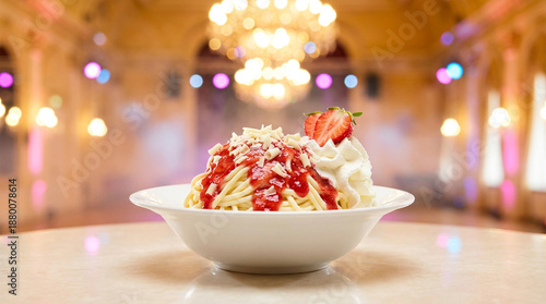 Spaghetti ice cream dessert with strawberry sauce in ballroom