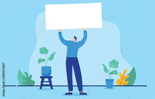 Person holding empty sign - Vector character holding blank white paper to insert your own text. Flat design illustration with blue background.