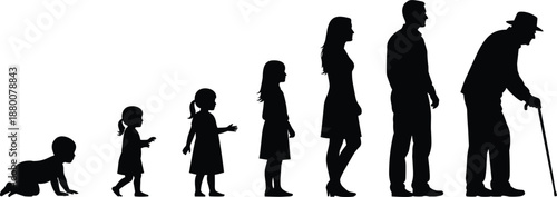 Human Life Cycle Silhouette Icons Set Featuring Growth from Infant to Elderly for Development, Aging, and Educational Design