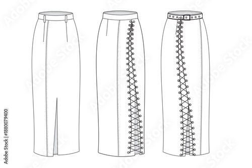 Women's lace-up vector skirt. flat midi skirt template. CAD drawing woman apparel illustration & mockup for clothing design.