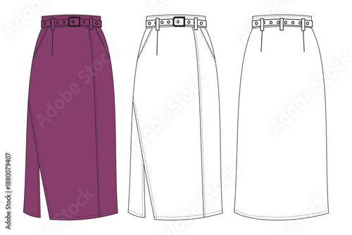 woman vector midi skirt. Technical flat sketch of belted midi skirt front and back. flat cad drawing technical design for woman's clothing.