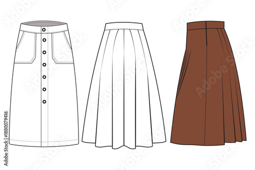Women button Midi Skirt. flat woman skirt. technical CAD drawing fashion illustration & mockup.
