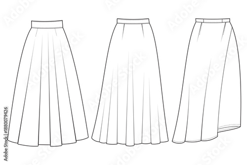 midi skirt template. women's fashion apparel. flat sketch technical CAD design skirt design mockup & illustration. 