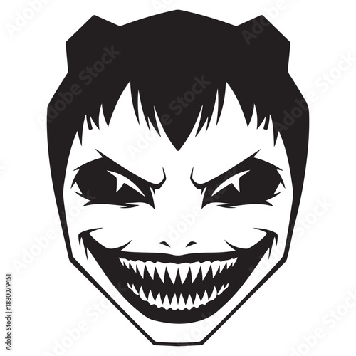 Stylized Evil Monster Face Illustration with Sharp Teeth and Sinister Smile