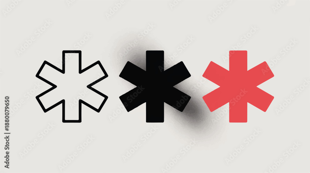 Obraz premium Three asterisks symbols in different colors side by side on gray background