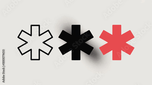 Three asterisks symbols in different colors side by side on gray background