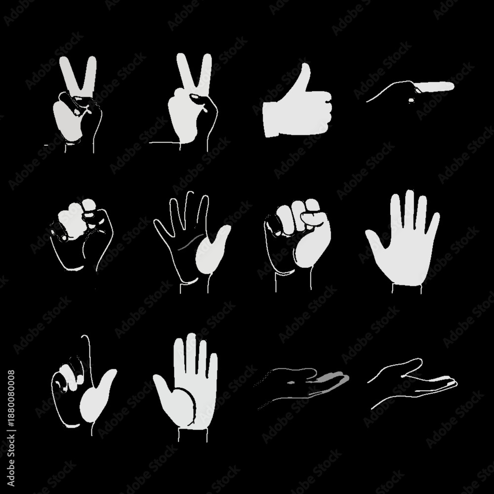 Fototapeta premium A series of hand gestures demonstrates various signs and expressions against a black backdrop.