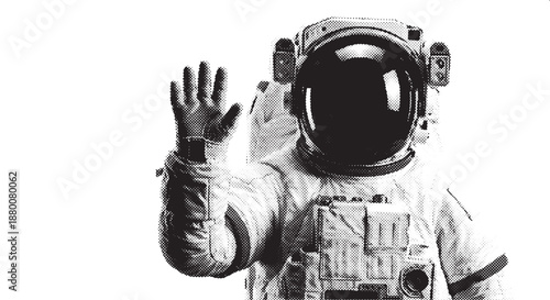 Black and white halftone astronaut waving hand illustration in retro pop art style