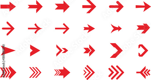 Collection of red arrows pointing right in various styles and shapes direction symbol