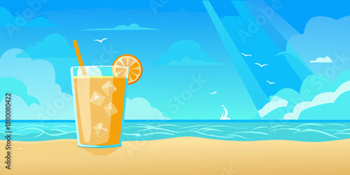 A refreshing orange drink on the beach under a sunny sky