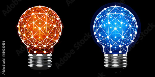 Dual light bulbs represented as glowing network connections in vibrant colors