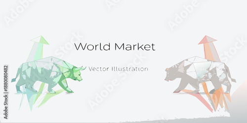 Geometric bull and bear illustration representing a fluctuating world market