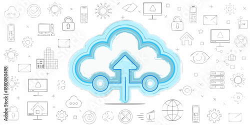 Cloud computing illustration with data upload symbols and network security icons