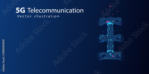 Illustration of a 5g telecommunications tower with a dark blue background