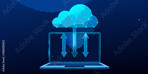 Cloud computing data transfer visualized with a laptop and network connections
