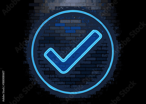 Neon checkmark in a circle against a dark brick wall background