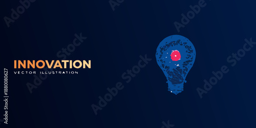 Abstract light bulb illustration with the word innovation displayed on a dark background