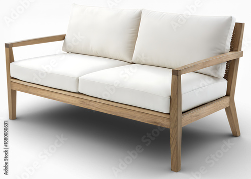 Modern outdoor two-seater sofa with wooden frame and white cushions, isolated on transparent background.