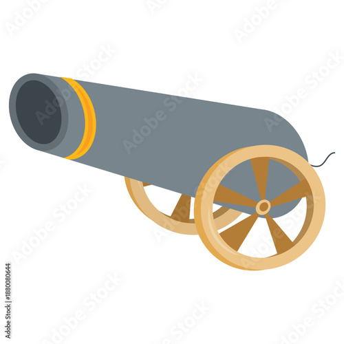 Antique Cannon Vector Illustration with Wooden Wheels and Metal Barrel Isolated on White