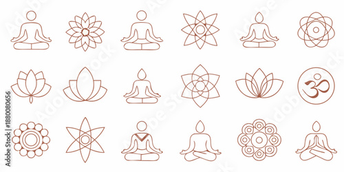 a collection of yoga and meditation symbols in simple line art
