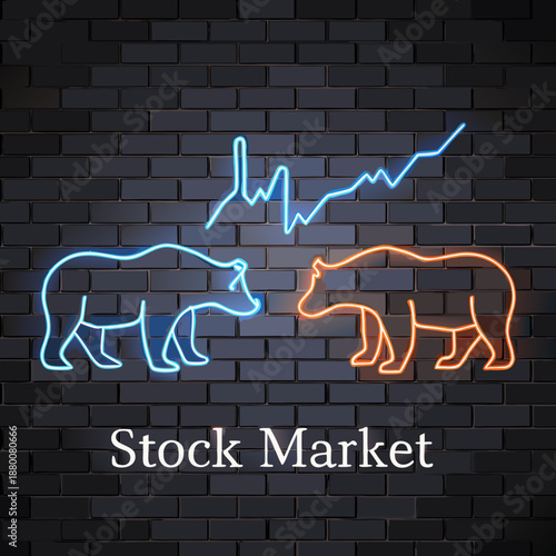 Neon bear and bull illustration representing stock market trends on brick wall