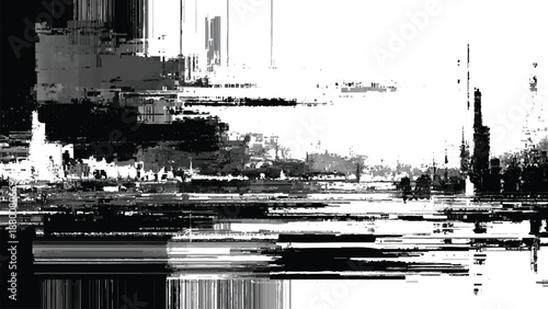 Distorted cityscape with glitchy digital effects overlay  urban landscape with water reflection