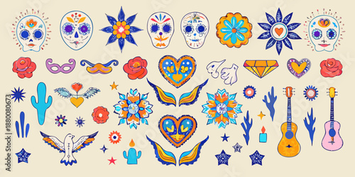 Colorful day of the dead illustrations with floral and festive elements