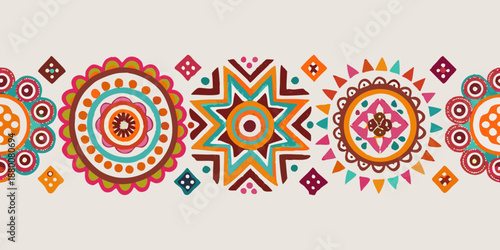 Colorful geometric pattern a seamless border with floral and tribal motifs