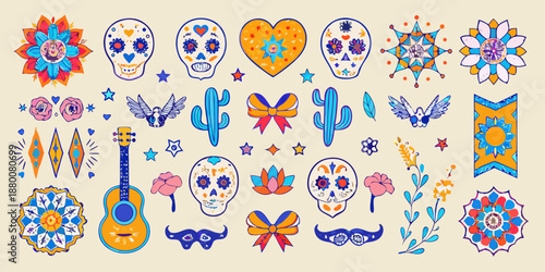 Colorful day of the dead sugar skulls cacti and floral designs collection