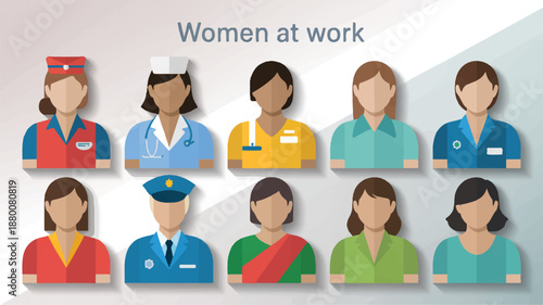 women at work flat design illustration with various professions