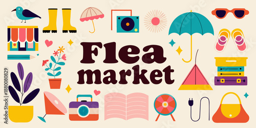 Colorful flea market illustration with vintage items and summer accessories