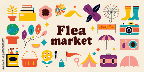 A colorful illustration depicting various items associated with a flea market