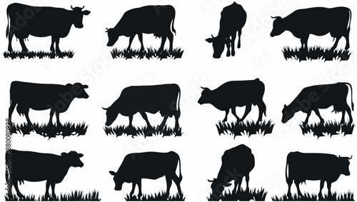 Black cow silhouettes grazing in grassy field, cattle icons