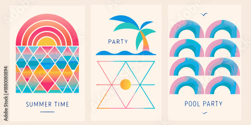Colorful summer themed illustrations featuring rainbows palm trees and wave designs