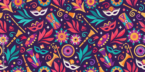 Colorful carnival masks flowers and musical instruments on a vibrant purple background