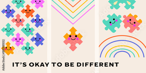 Colorful puzzle pieces and rainbow illustration promoting acceptance and individuality