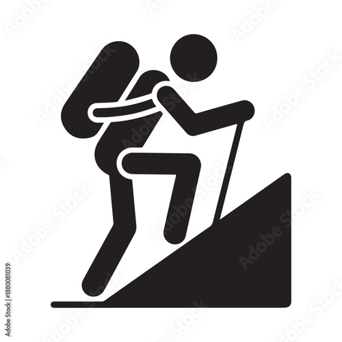 Silhouette of Hiker Climbing Mountain with Backpack and Trekking Pole – Adventure Outdoor Travel Icon.